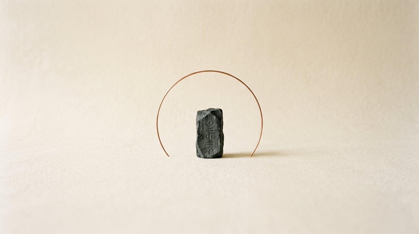 A carved stone under a copper arc