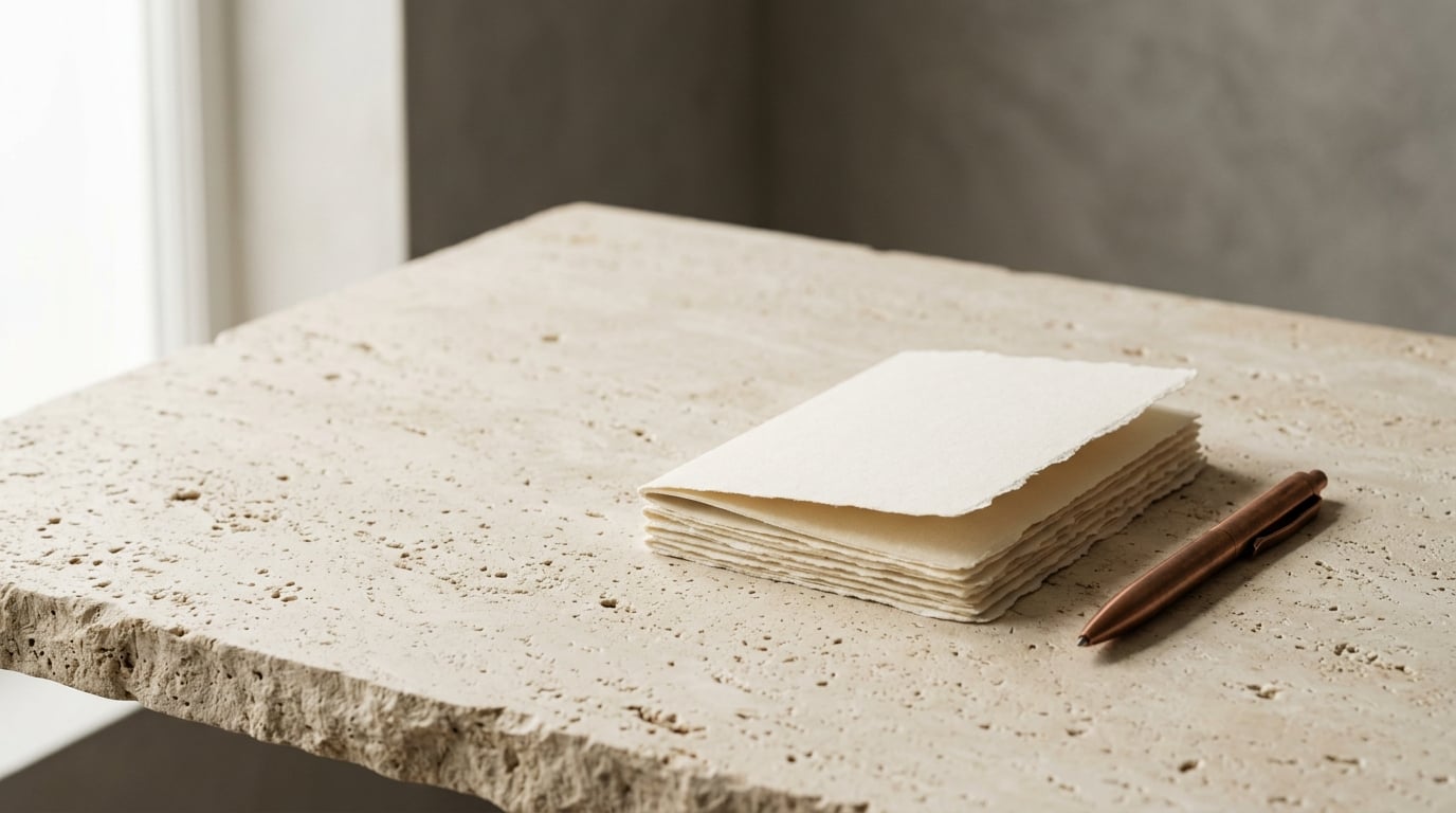 Handmade paper and a copper pen on stone